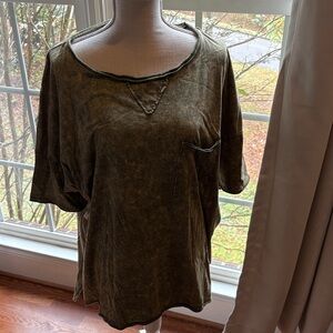 Zenana Outfitters Distressed Green Short Sleeve Top